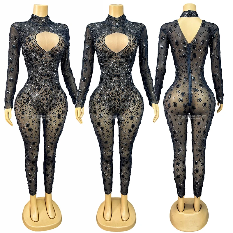 Błyszczący kombinezon taneczny z dżetami, czarny kombinezon z długim rękawem, strój do klubu nocnego Gogo, odzież taneczna Ds, strój sceniczny dla piosenkarki VDL3733