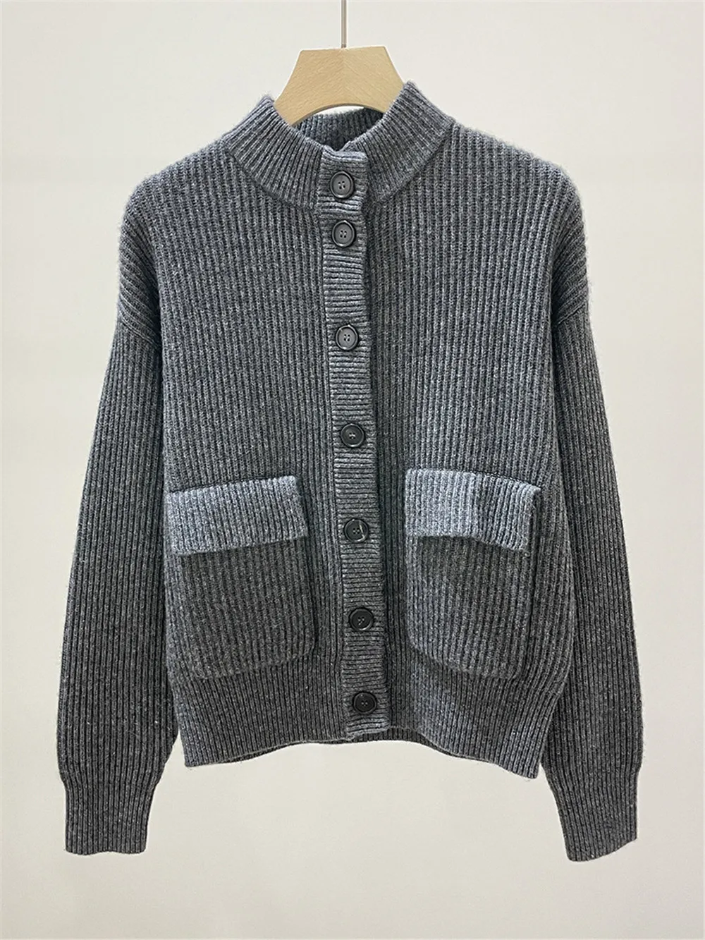 2023 Double Pockets 100% Cashmere Cardigan Coat Single Breasted Long Sleeve Knit Sweater