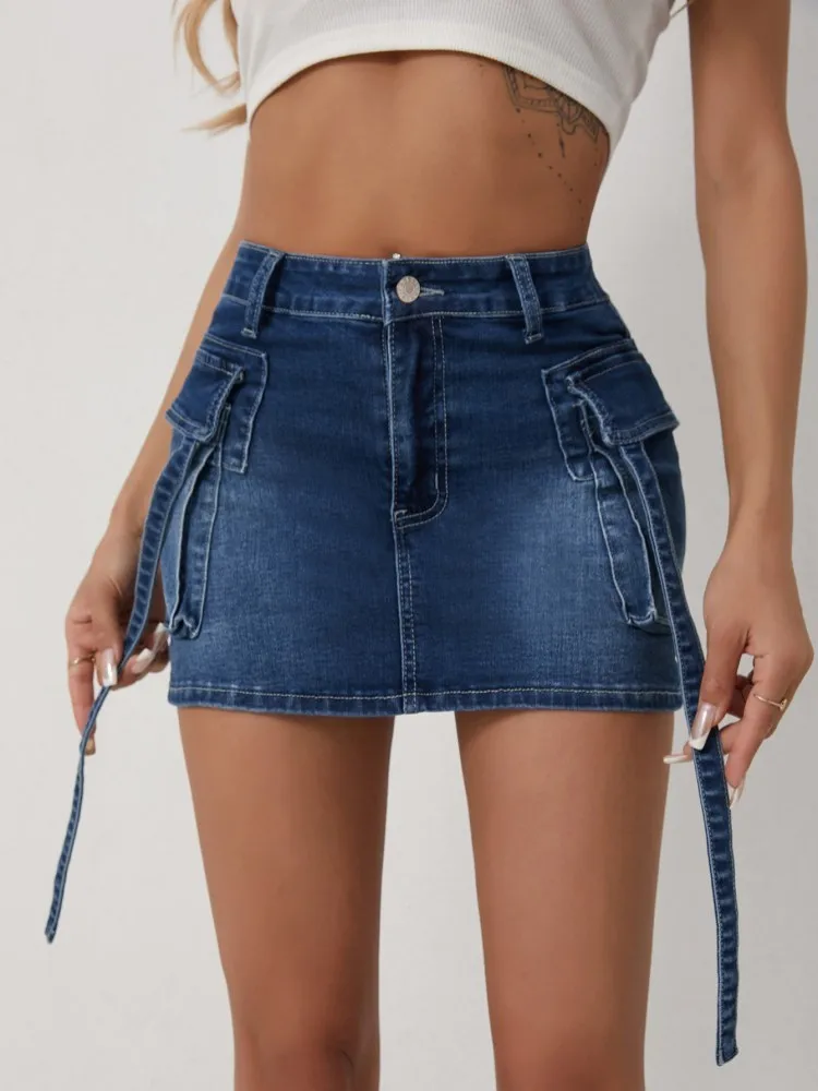 

2025 New Women's Fashion Y2K High waisted Denim Mini Skirt Dark Blue Pocket Decorated Strappy Design