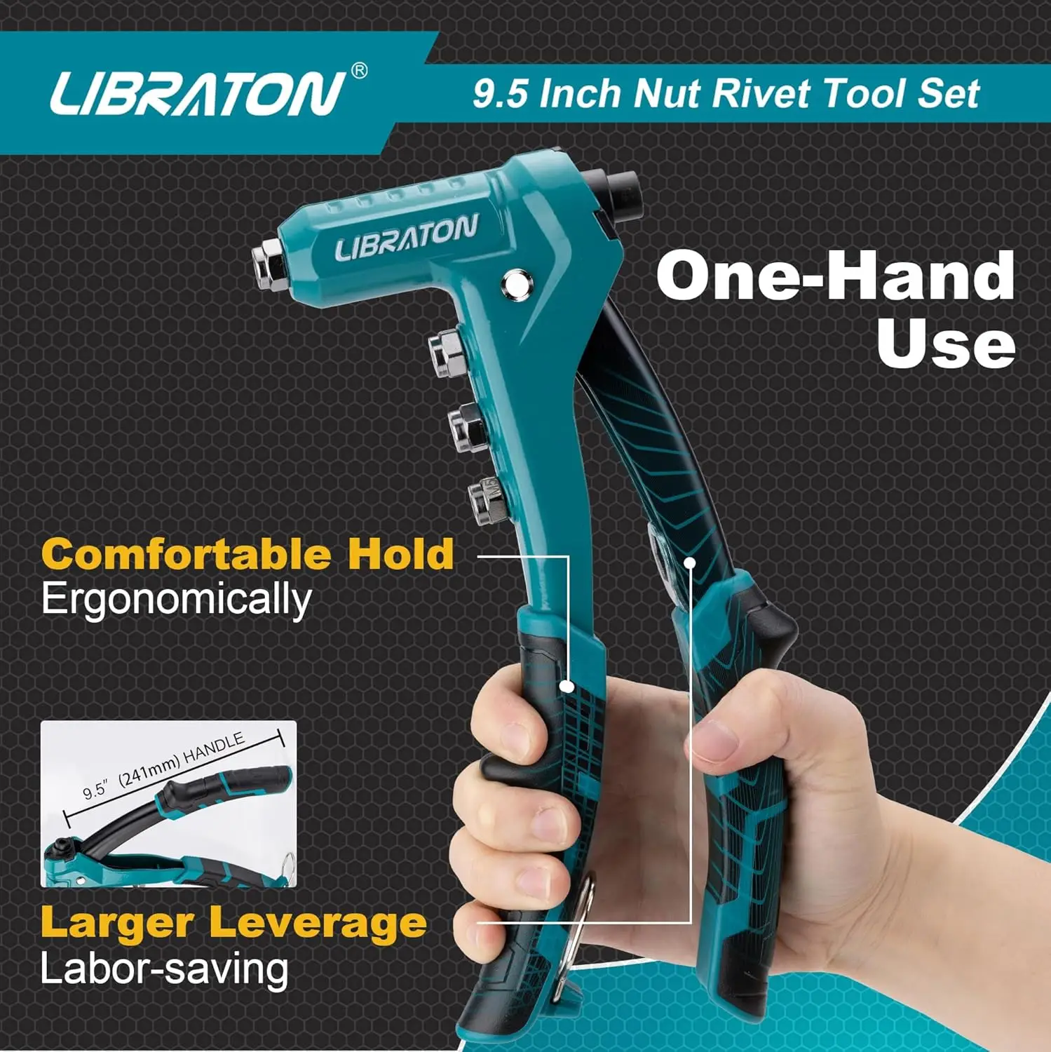 LIBRATON Rivet Nut Gun Kit, 9.5 Inch One-Handed Nut Rivet Gun with 80PCS Threaded Rivet Nuts Metric M3-M6 & SAE 6-32" to 1/4-20"