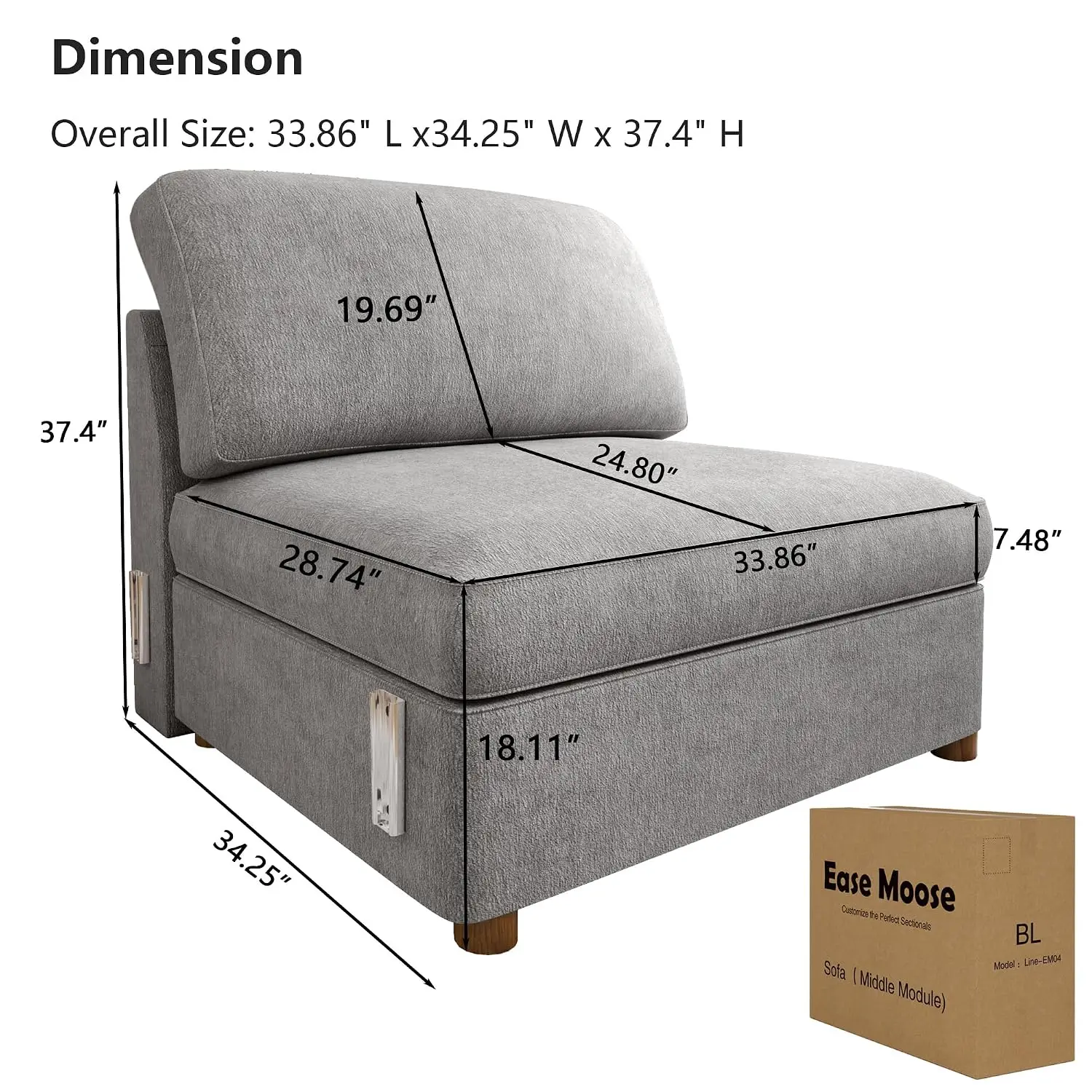 Left Armless Chair Module for Modular Sofa Chenille Fabric Sectional Couch Component, Customized