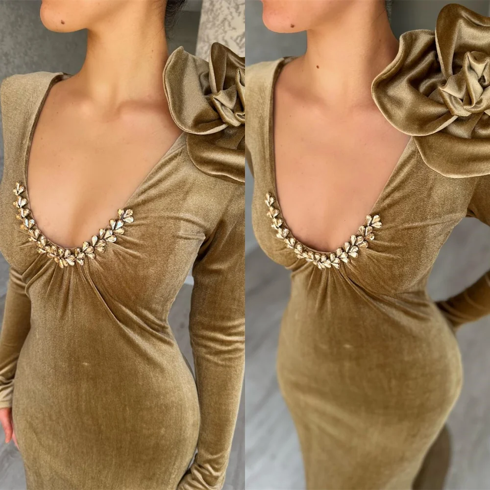 

Customized Mermaid Luxury Velour Evening Dress Exquisite Long Sleeves Flowers Prom Dresses Fashion Court Train Party Gowns
