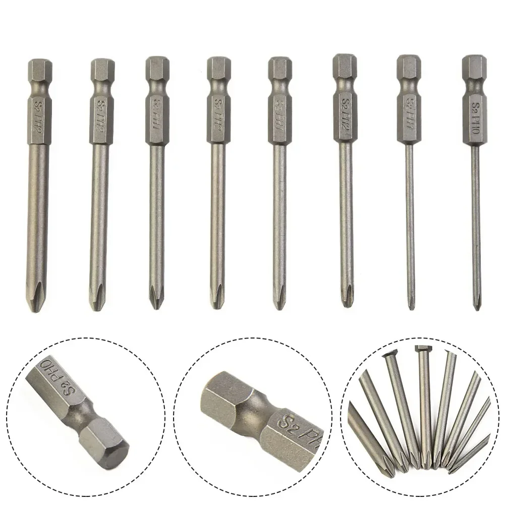 8pcs 75mm Long Magnetic Hex Cross Head Screwdriver Bits Alloy Steel Electric Screwdriver Set PH0,PH1,PH2 Driver Bits