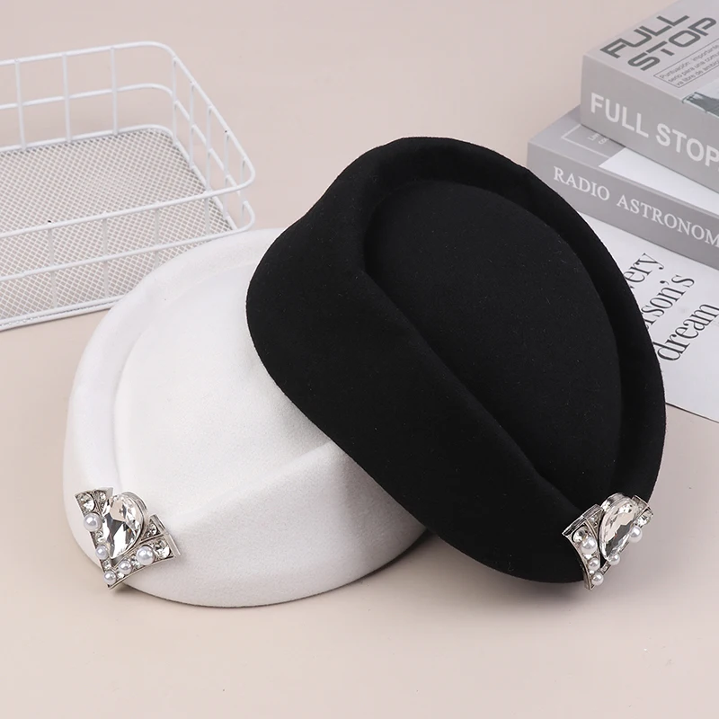 Vintage Rhinestone Hard Top Flat Fedoras Hats French Cashmere Wool Hat Casual Flight Attendant Hat Party Dress Pillbox Hat