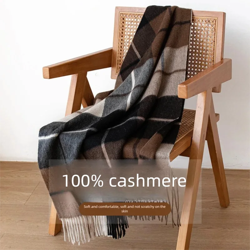 Italian Style Retro 100% Cashmere Plaid Scarf Luxury High Grade Shawl Winter Warm Neck Protection Large Scarves for Men Women