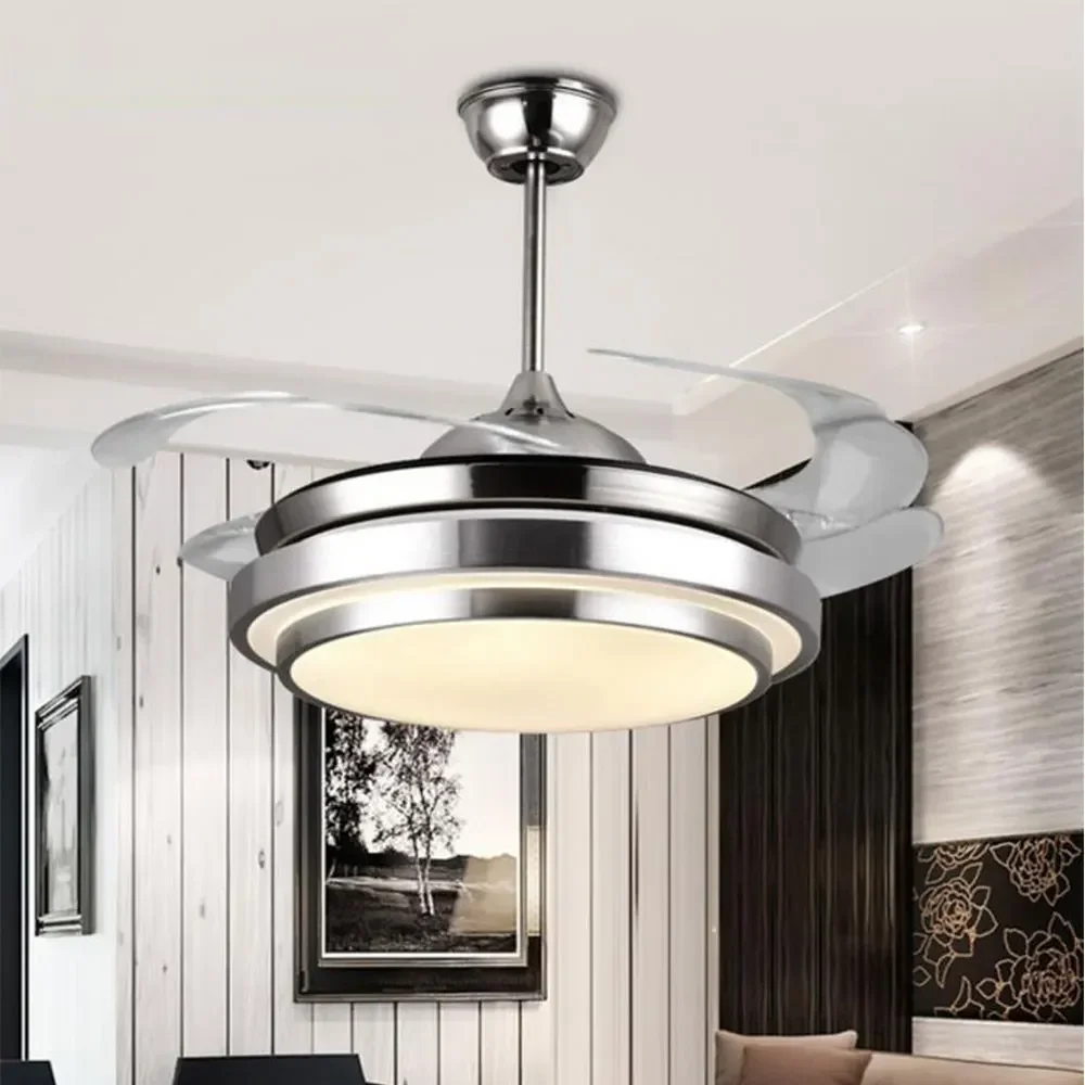 

Modern Indoor Ceiling Fan Modern Brushed Nickel 42 Inch Retractable Led High Quality Ceiling Fan Lighting with Hidden Blades