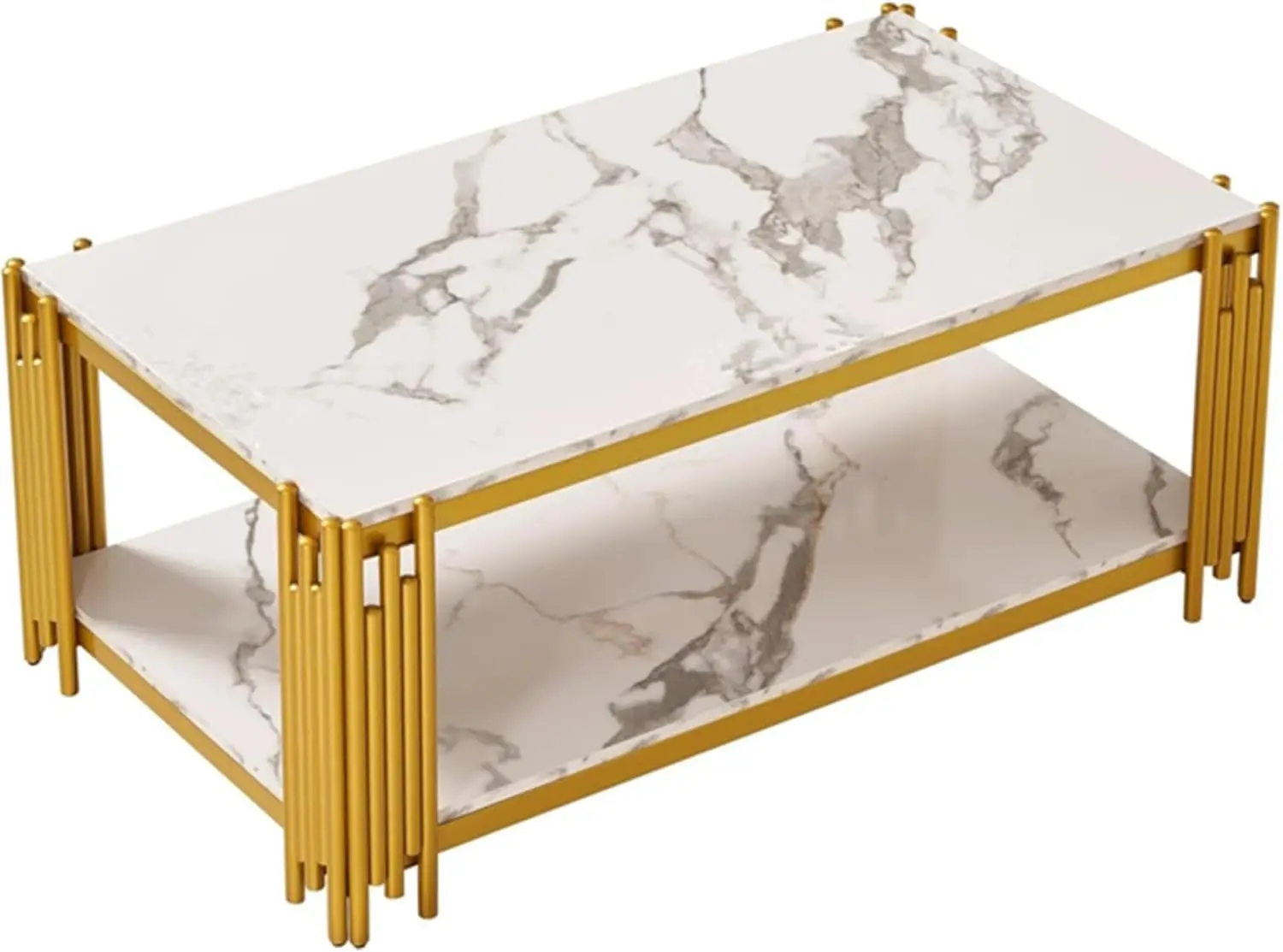 47 Inch White Marble Coffee Table With Gold Chrome Metal Base, 2-Tier Rectangle Faux Marble Center Table Coffee Cocktail Table,
