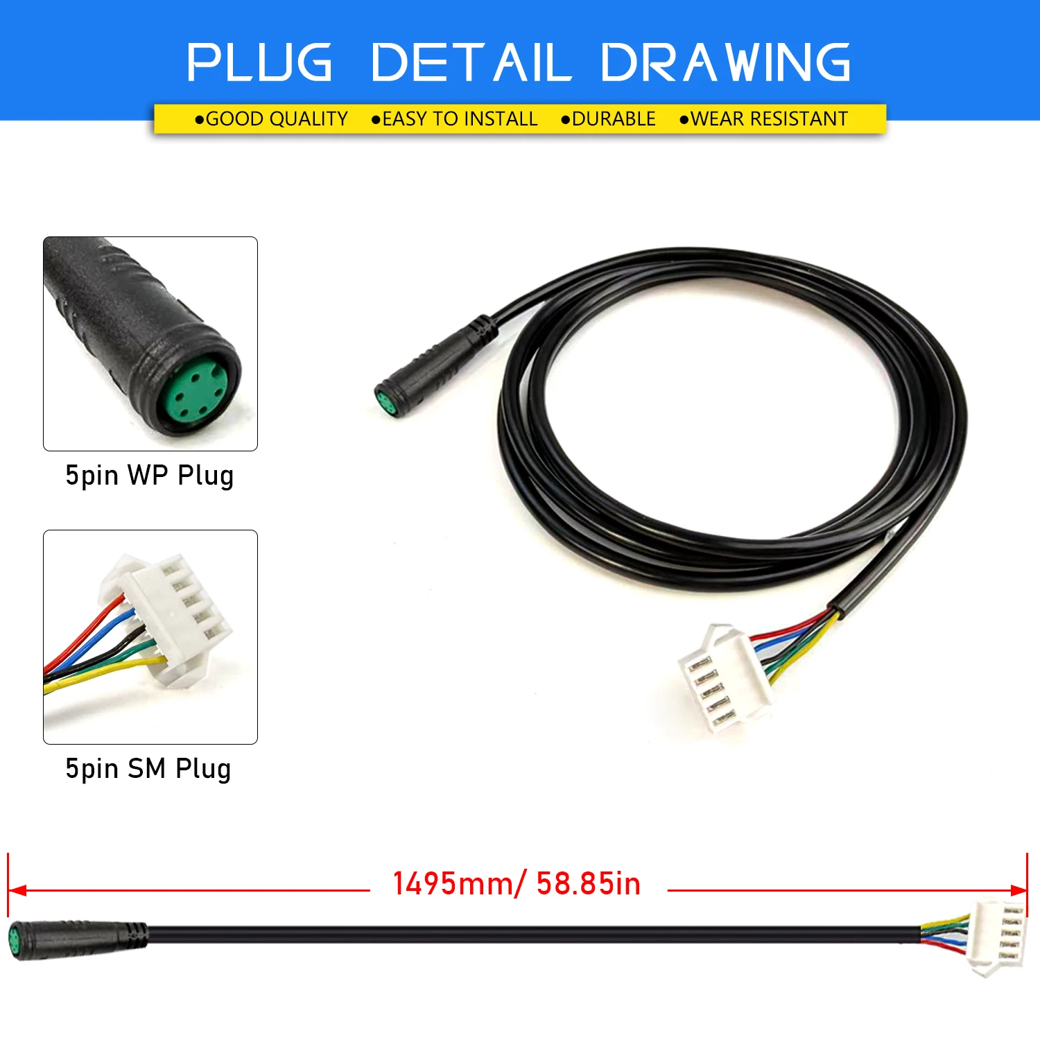 Electric Bike Extension Cable 5pin ABS Adapter Cable For KT LCD Display 5 Pin Waterproof Female To SM Ebike Cycling Accessories