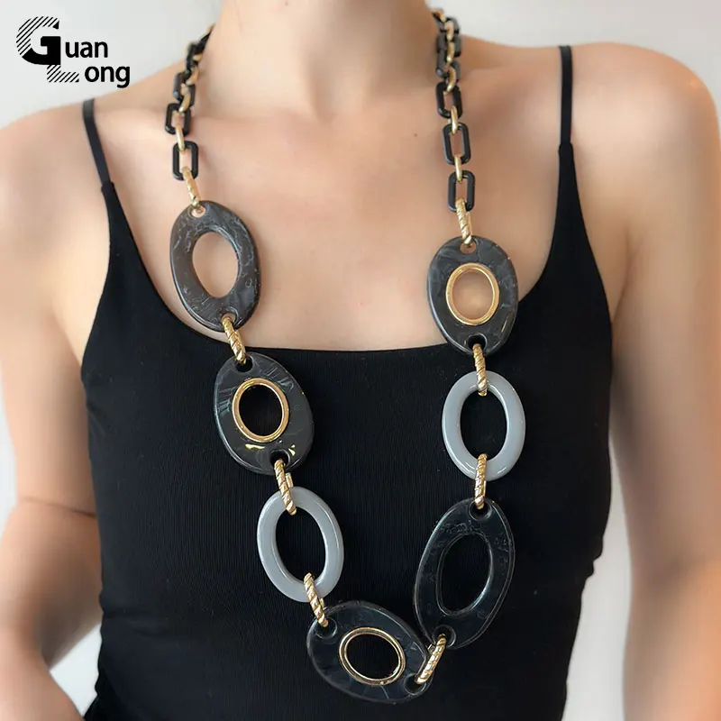 GuanLong Trendy Large Colorful Resin Chain Necklace For Women Long Round Exaggerated Necklace Female Bohemia Accessories Vintage