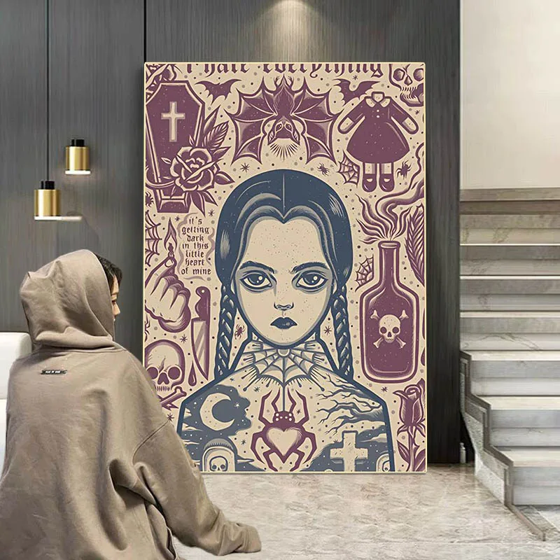 Vintage Movie Wednesday Addams Poster Aesthetics Family Tv Show Horror Film Canvas Painting For Wall Art Muarl Home Room Decor