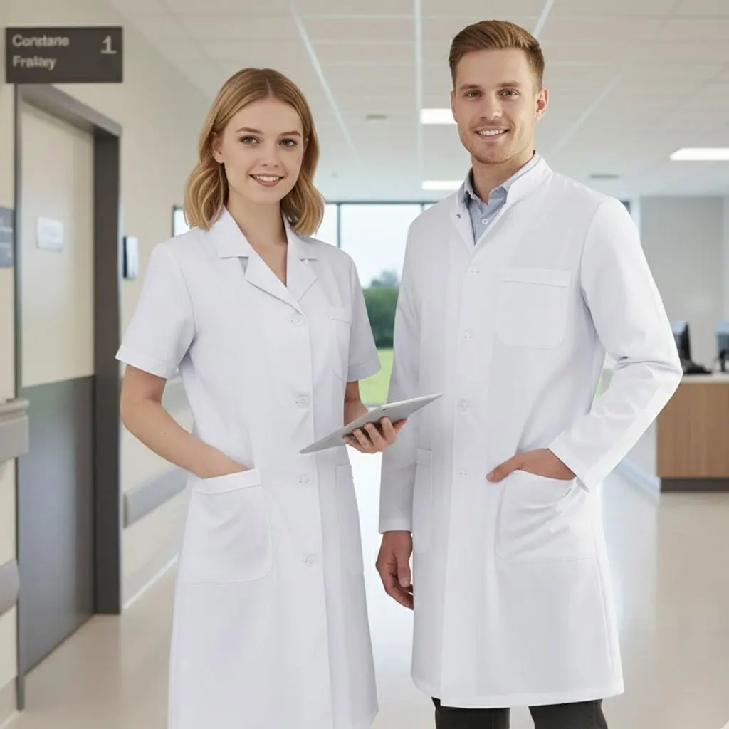 

Женское белое лабораторное пальто с короткими рукавами — легкая униформа для научной химии с карманами — спецодежда для студентов и врачей