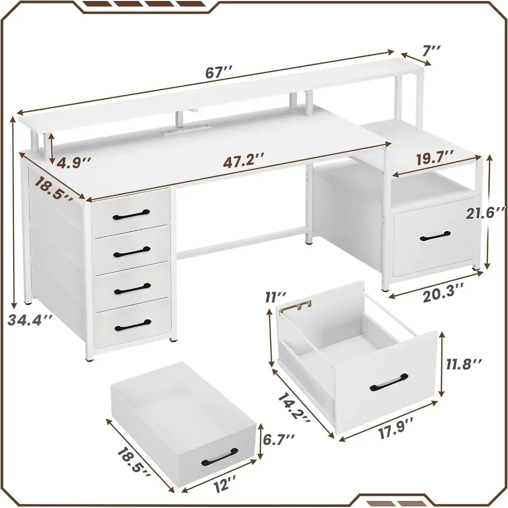 White Computer Desk with 5 Drawer & Power Outlet, 66'' Home with File Drawer, Storage Shelves,Monitor Shelf