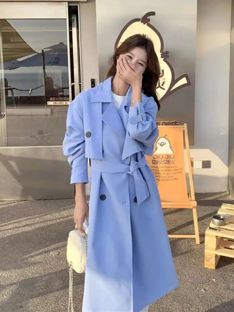 LANMREM Women's Blue Trench Coat New Fashion Lapel Patchwork Belt