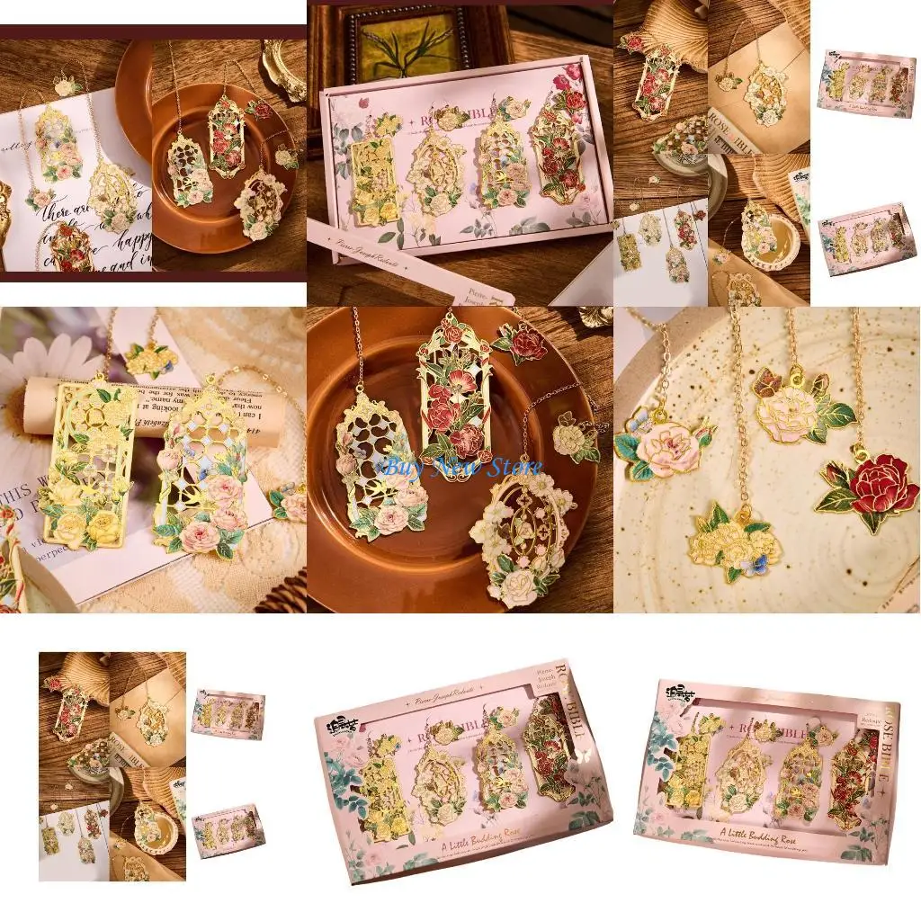 

20CE 4Pcs Hollow Flower Bookmarks with Flower Pendant, Appreciation Present for Teacher Reader, Stainless Steel Bookmarks