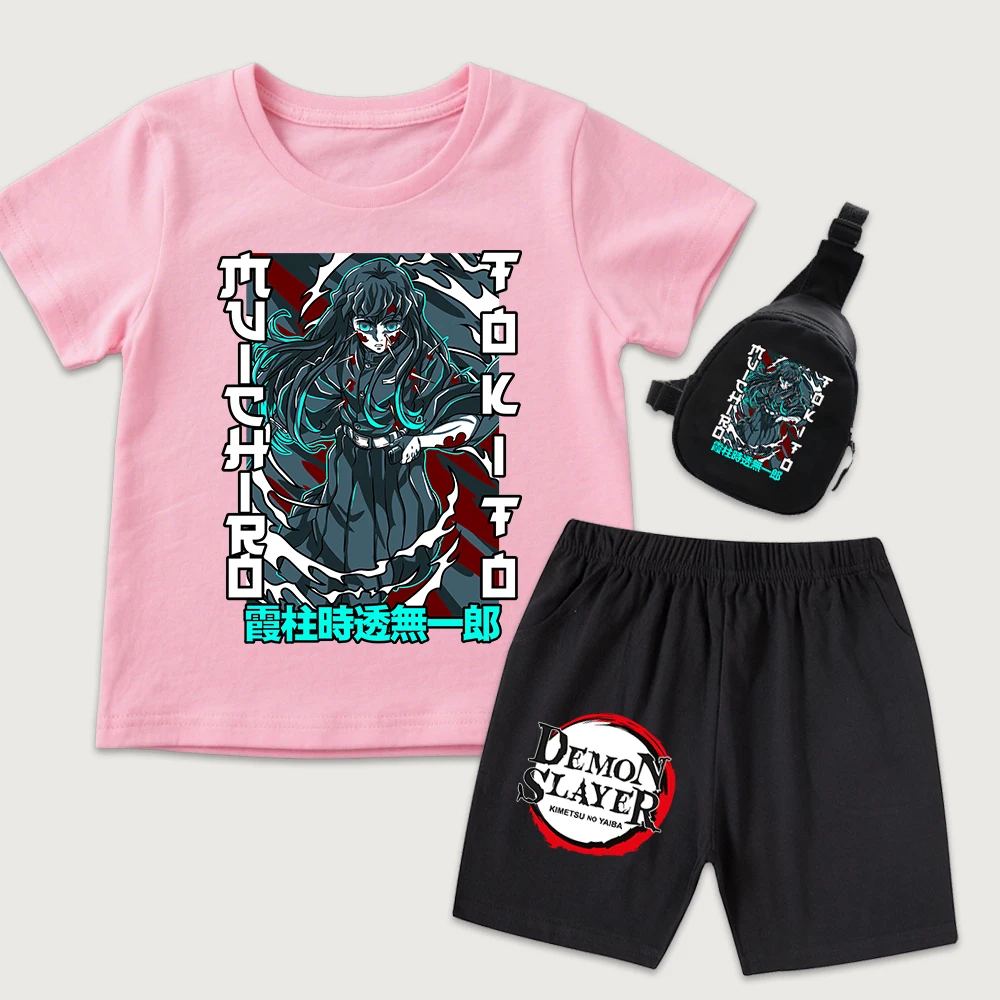 Demon Slayer Muichiro Tokito Anime Print Kids Cotton T Shirt And Shorts Mini Chest Bag 3 Piece Set Boys Girls Summer Outfits view 5