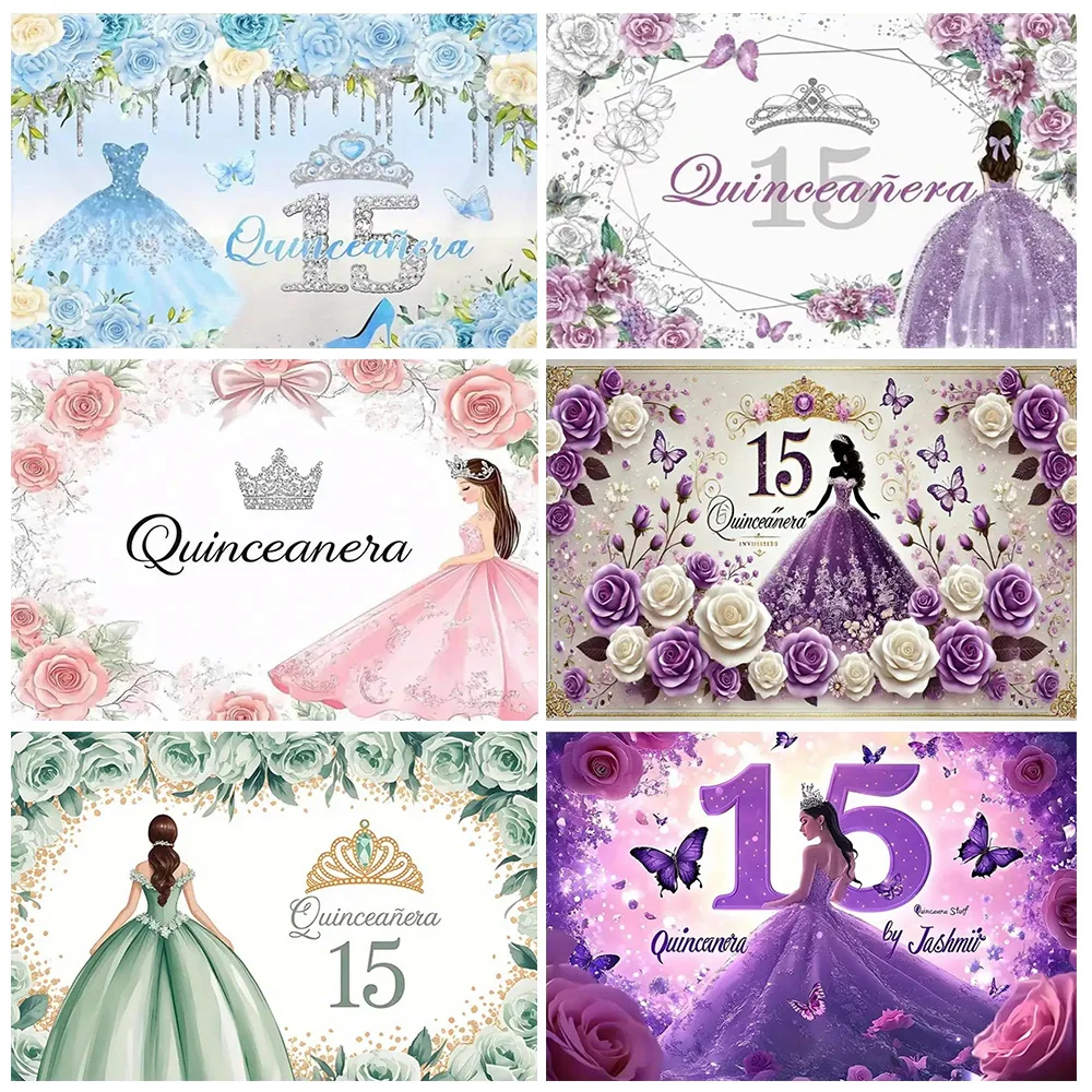 

Girl 15th Birthday Party Decor Background Princess Dress Glitter Crown Floral Quinceanera Photography Backdrop Photo Shoot Props