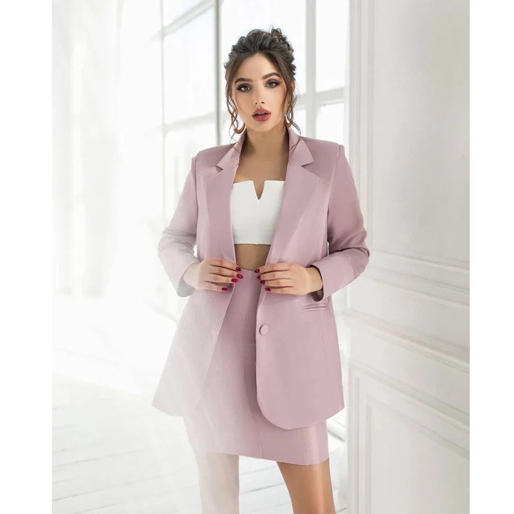 

Tesco Dusty Pink 2 Piece Women's Suit Summer Notch Lapel Single Breasted Blazer with Skirt Women Elegant Suit Set