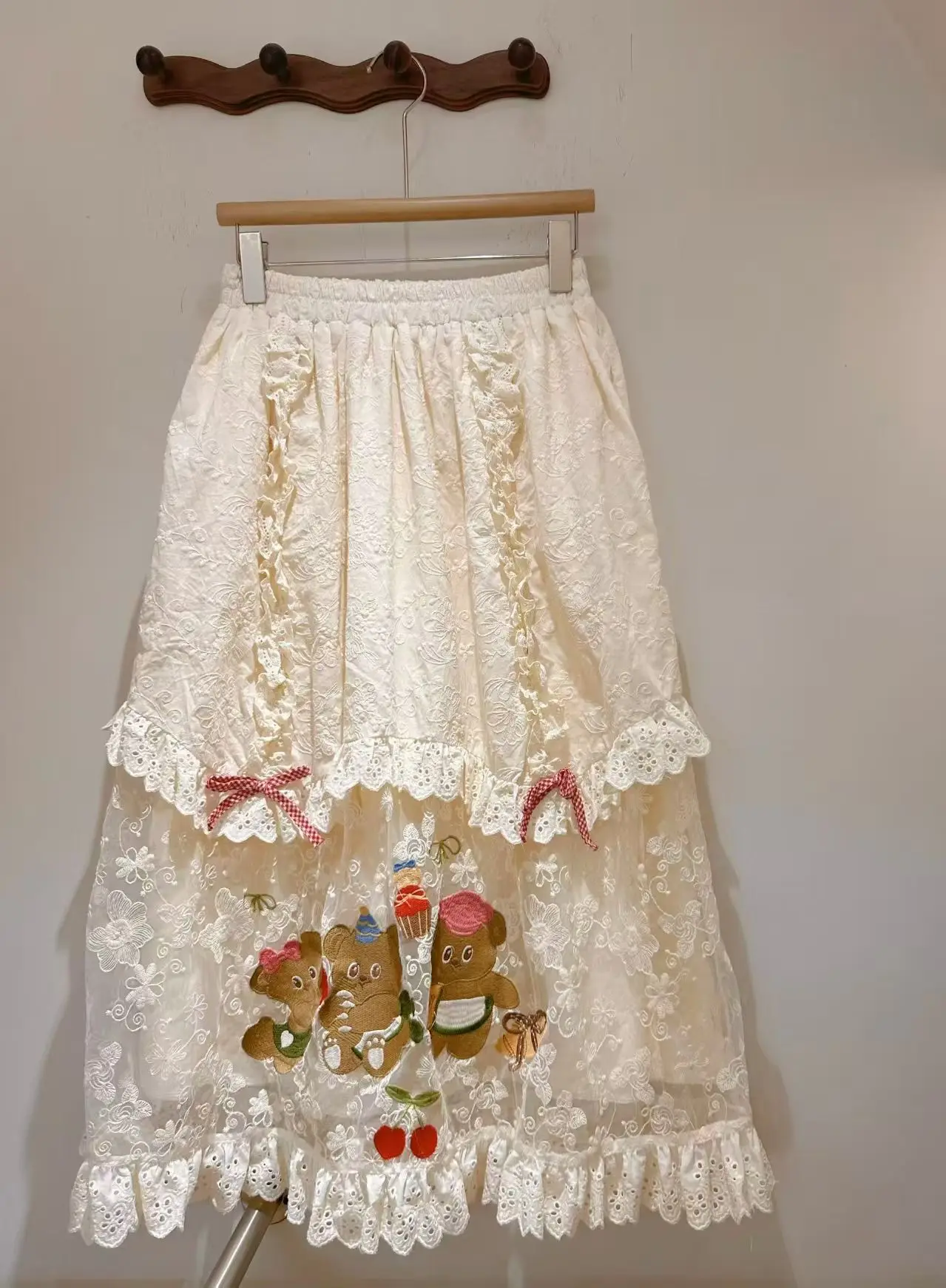 Vintage Mori Kei Sweet Lace Cotton Lolita Long skirts Japanese Style Cartoon Elastic Waist Embroidery Skirts