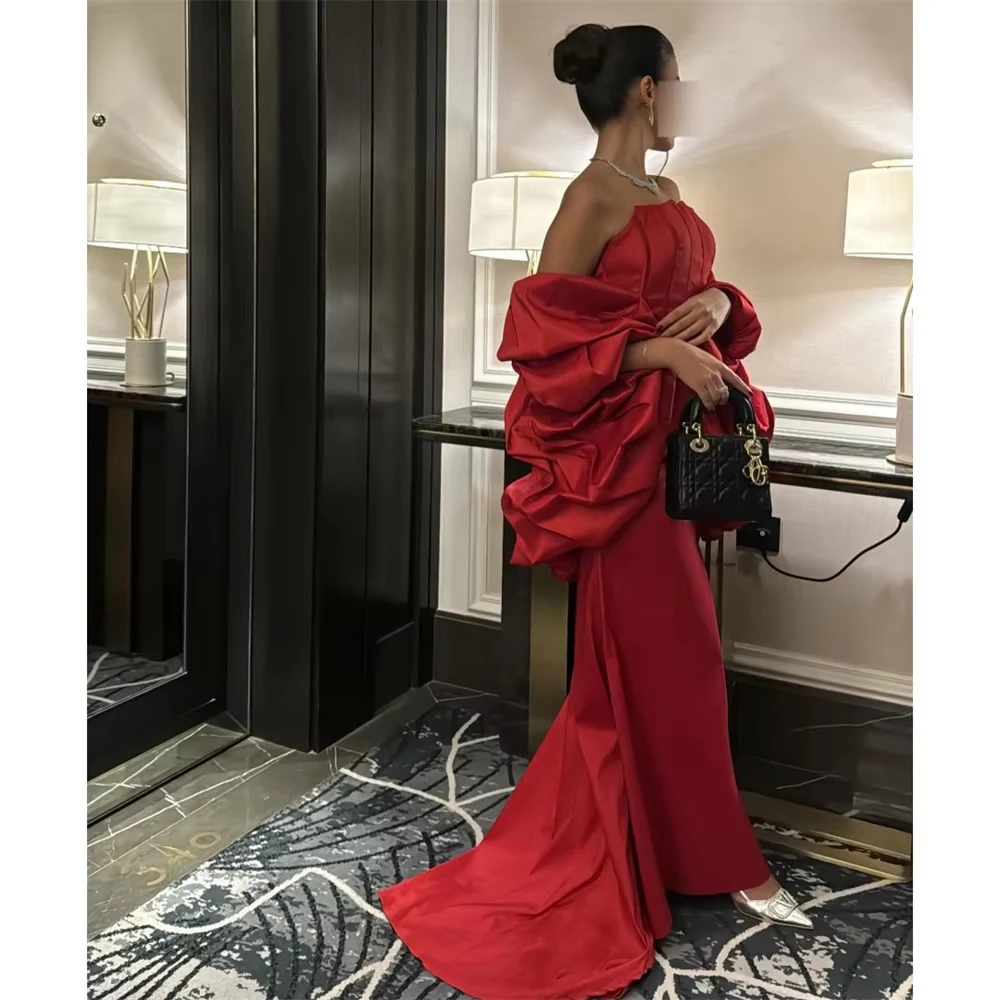

Luxury Red Evening Dress 2025 Detachable Puffy Sleeves Mermaid Birthday Prom Gown Wedding Party Gown Lace-up Back Customized