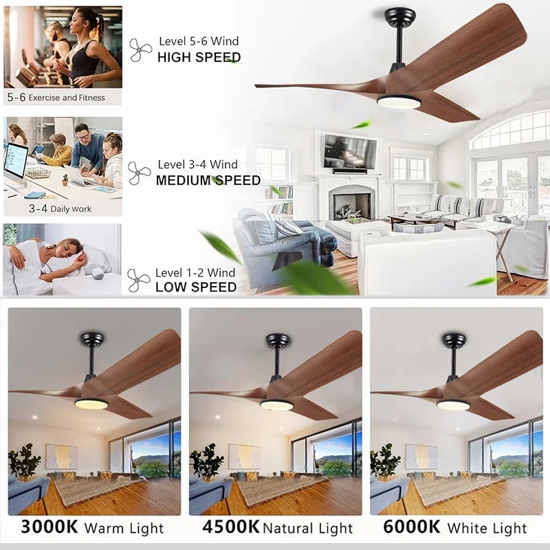 52 inch walnut ceiling fan, remote control with adjustable light, 3 fan blades reversible DC motor ceiling fan