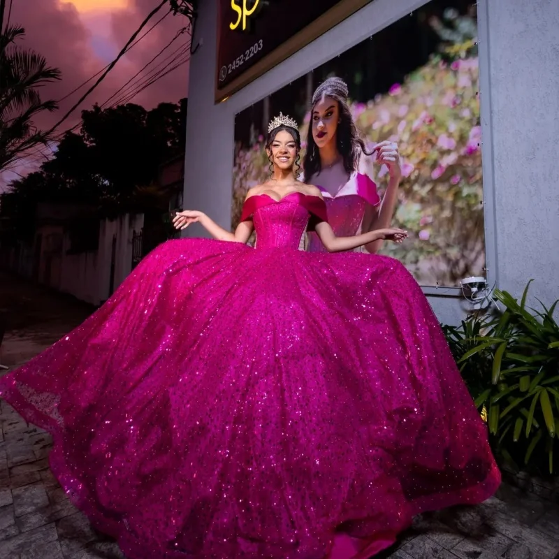

Simple Shiny Rose Red Quinceanera Dress off-shoulder Crystal Decal Long tail vestidos de 15 Quinceanera ﻿Customize