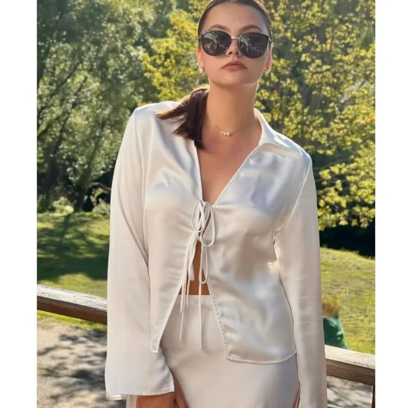

Sexy Solid Color Satin Shirt Women's Long Sleeve V-Neck Slim Shirt Fashion Summer 2025 Elegant Women's Top