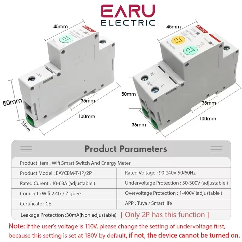 1P 2P TUYA APP Zigbee WIFI Smart Energy Power Consumption kWh Meter Circuit Breaker Time Relay Switch Leakage Voltage Protection