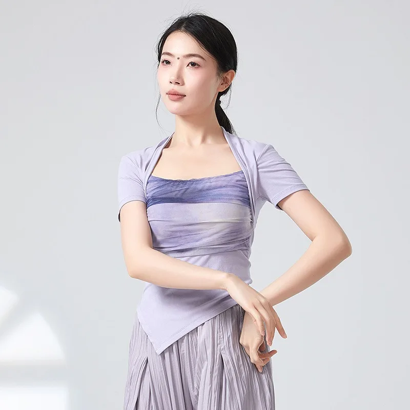 Short Long Sleeve Women Classical Dance Top Printed Elegant Dancer Practice Clothes Thumb Finger Hole Irregular Hem Modern Wear