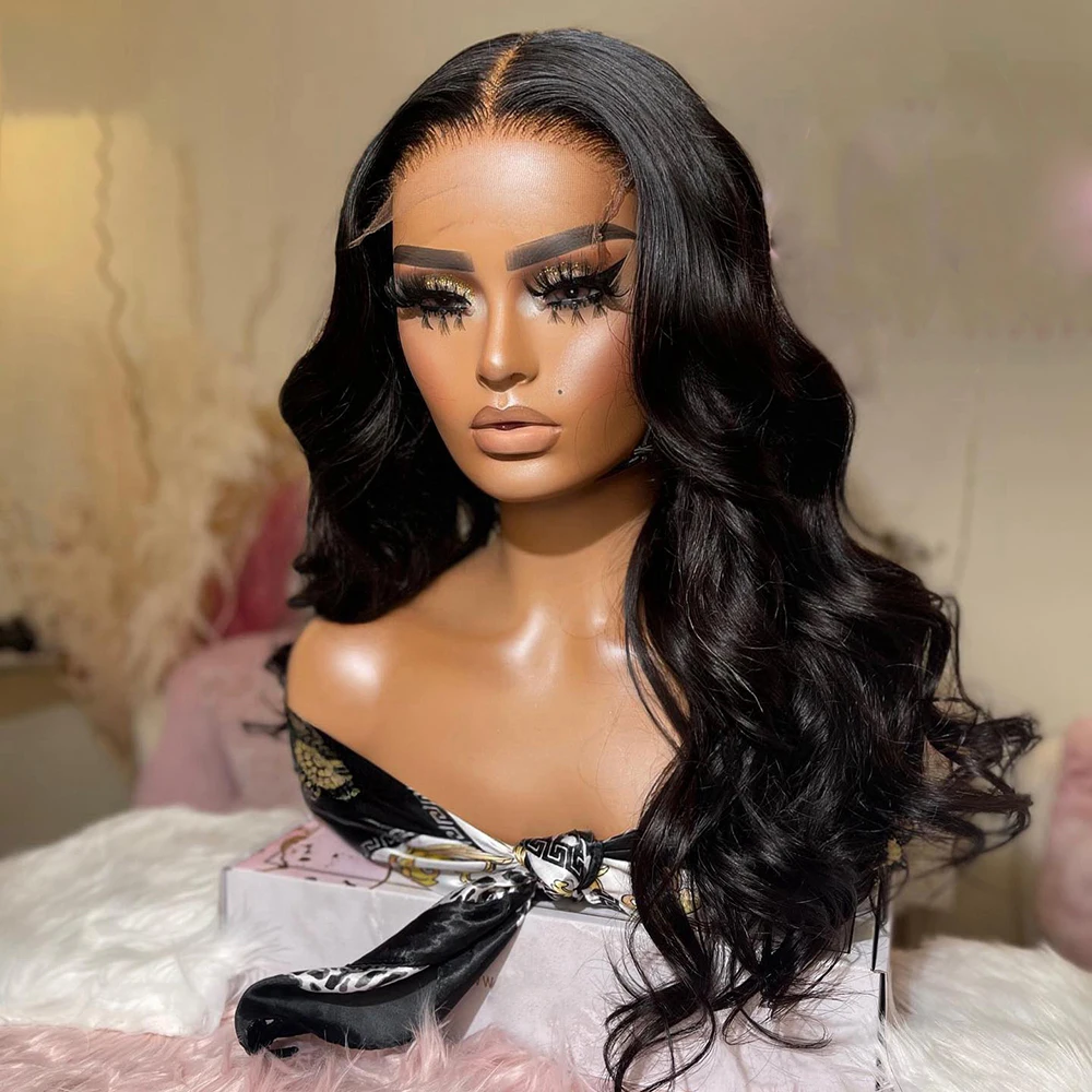 นุ่ม 180 ความหนาแน่น 26 นิ้วสีดําธรรมชาติ Body Wave ยาวลึกวิกผมลูกไม้ด้านหน้าด้านหน้าสําหรับผู้หญิงสีดําผมเด็กก่อน plucked Glueless ทุกวัน