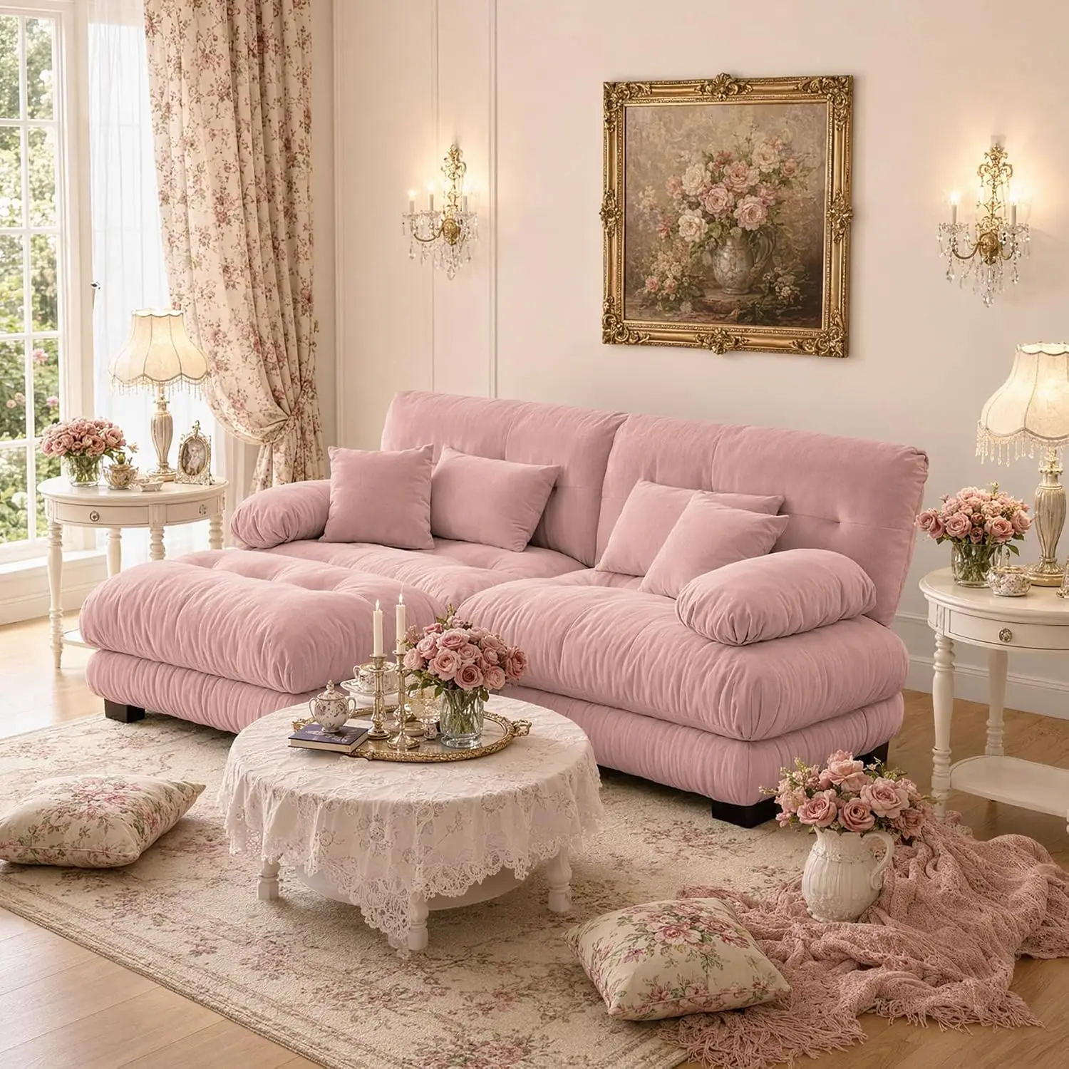 L-Shaped Modular Sectional Sofa W/ Ottoman, Pink, Customized