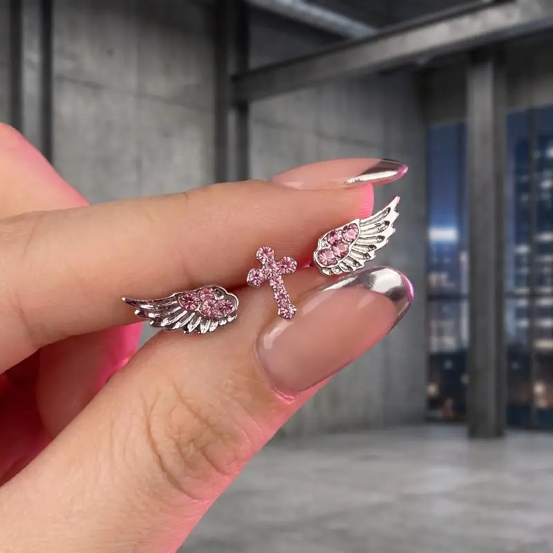 ~3/4Pcs Vintage Punk Pink Zircon Wing Cross Star Earrings Set Minimalist Ear Piercing Ear Cartilage Piercing Jewelry Accessories