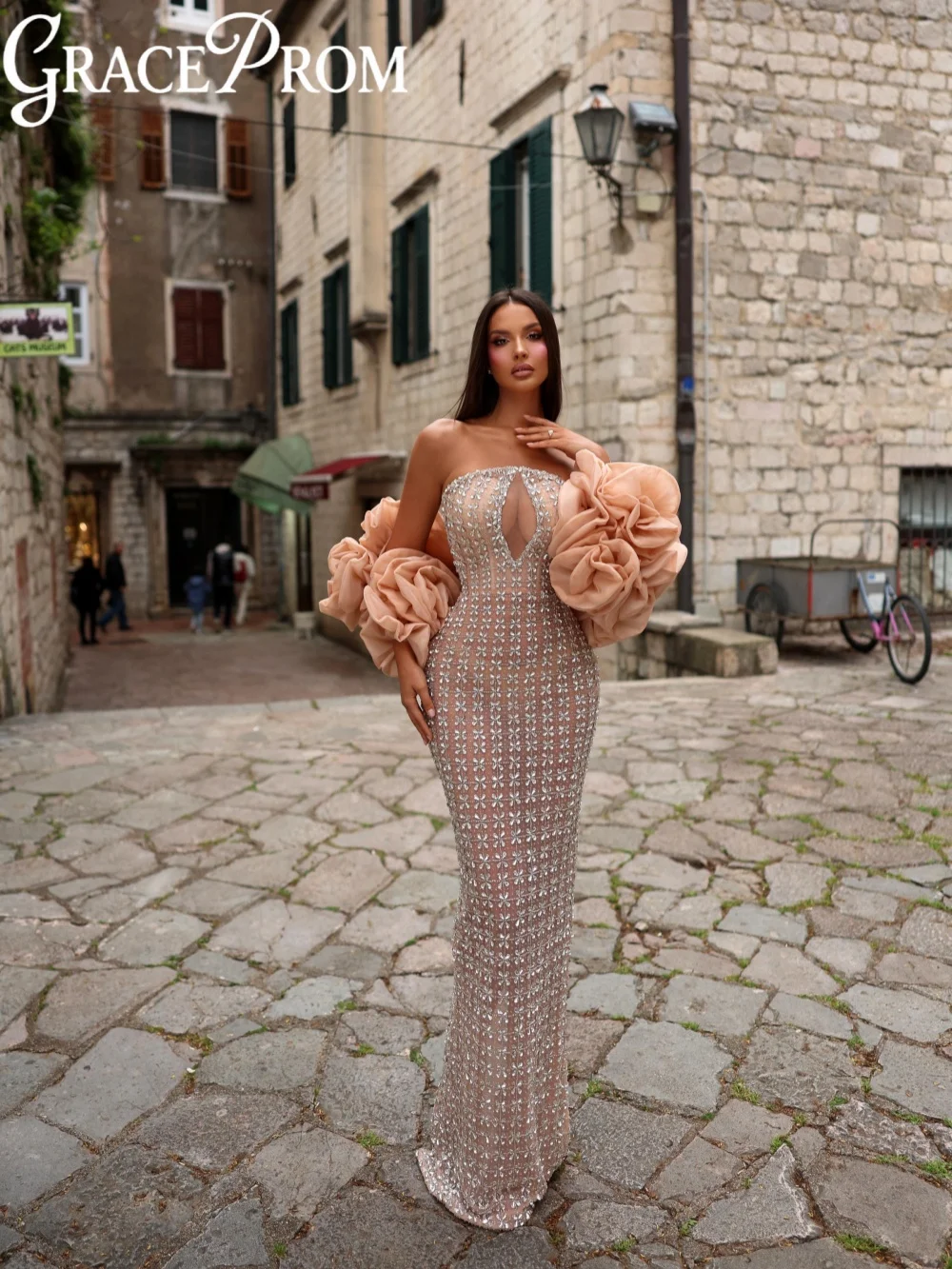 

Ruffled Shawl Crystal Straight Evening Dress Dazzling Illusion Strapless Formal Party Gown Customized Long Red Carpet Gown