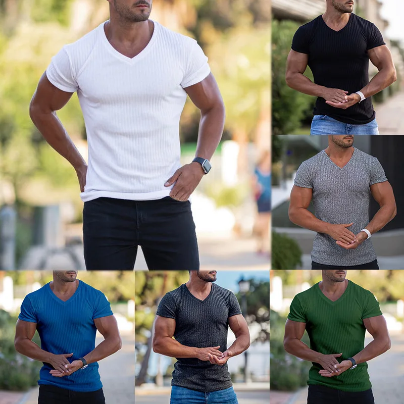 2022 New Mens V Neck Sports T-Shirt Summer Gym Fitness Sports Solid Color Fashion Man Short Sleeve Casual Slim Fit T-Shirt Top