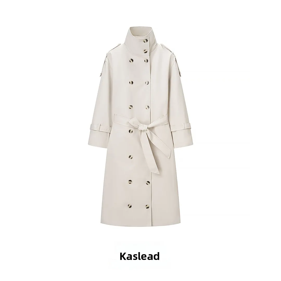 

KASLEAD модное длинное двухрядное женское пальто с воротником-стойкой и поясом, уличное пальто прямого кроя, длинное све, полиэстер