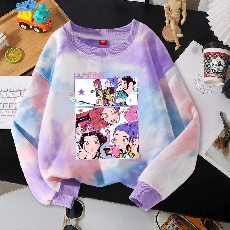 Move K-Pop Demon Hunters Tie Dye Pola Kaus Musim Panas Lengan Panjang Pullover Lucu Kartun Leher Bulat Hadiah Atasan Ulang Tahun Anak-anak