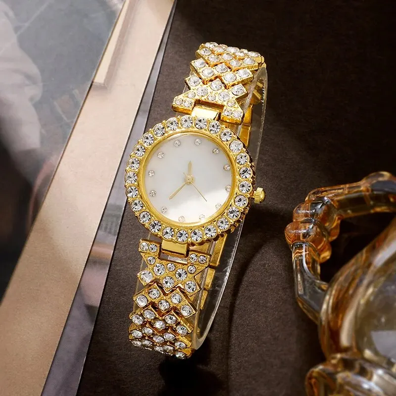 طقم ساعة 6 ساعات نسائية بحلقة وقلادة وأقراط وحجر الراين ساعة يد نسائية كاجوال للسيدات ساعات بسوار فولاذية طقم ساعة