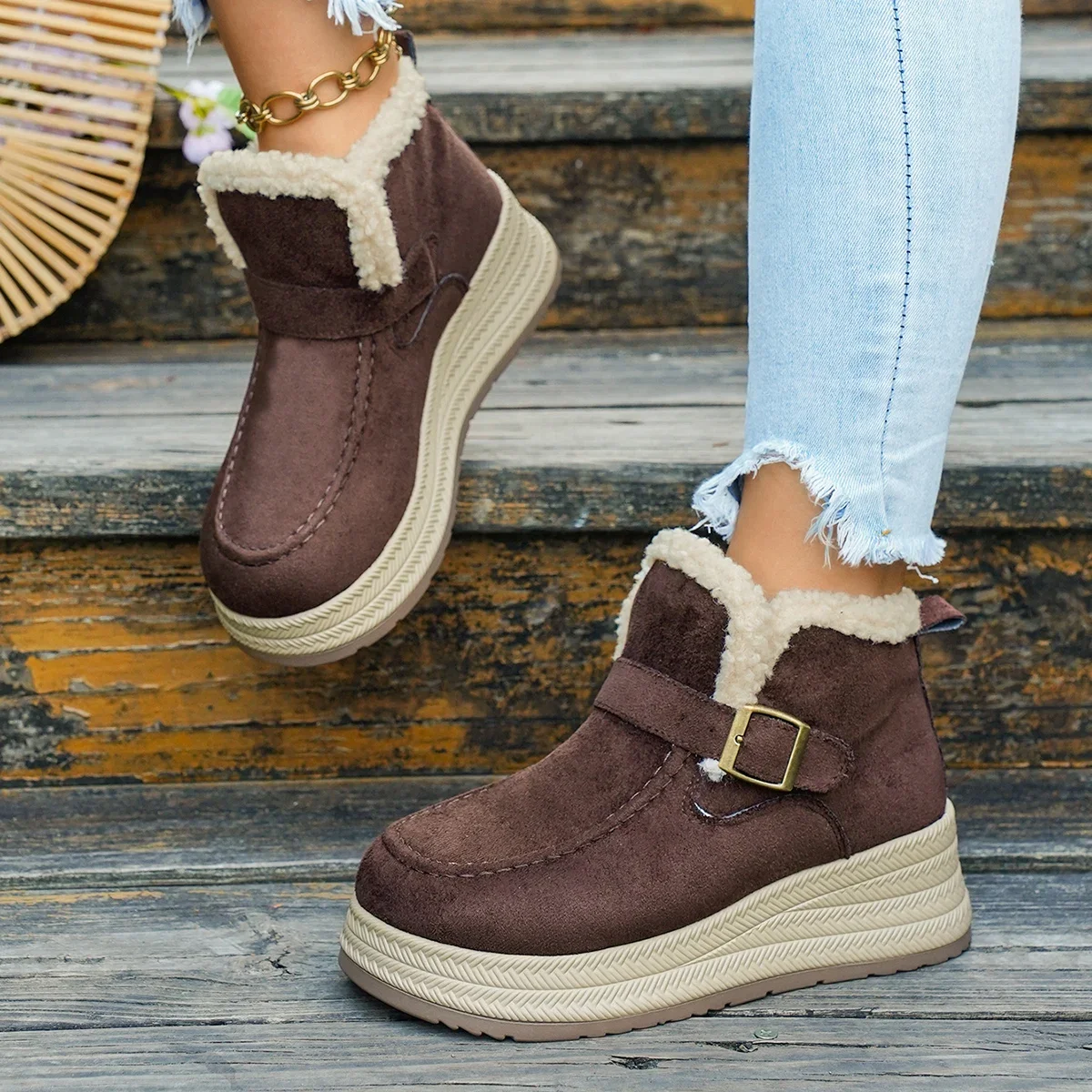 Winter Damen Einfarbige Vintage Bequeme Dicksohlige Keilabsatz-Schneestiefel Neue Damen Warme Lässige Modische Stiefel – Detail 7
