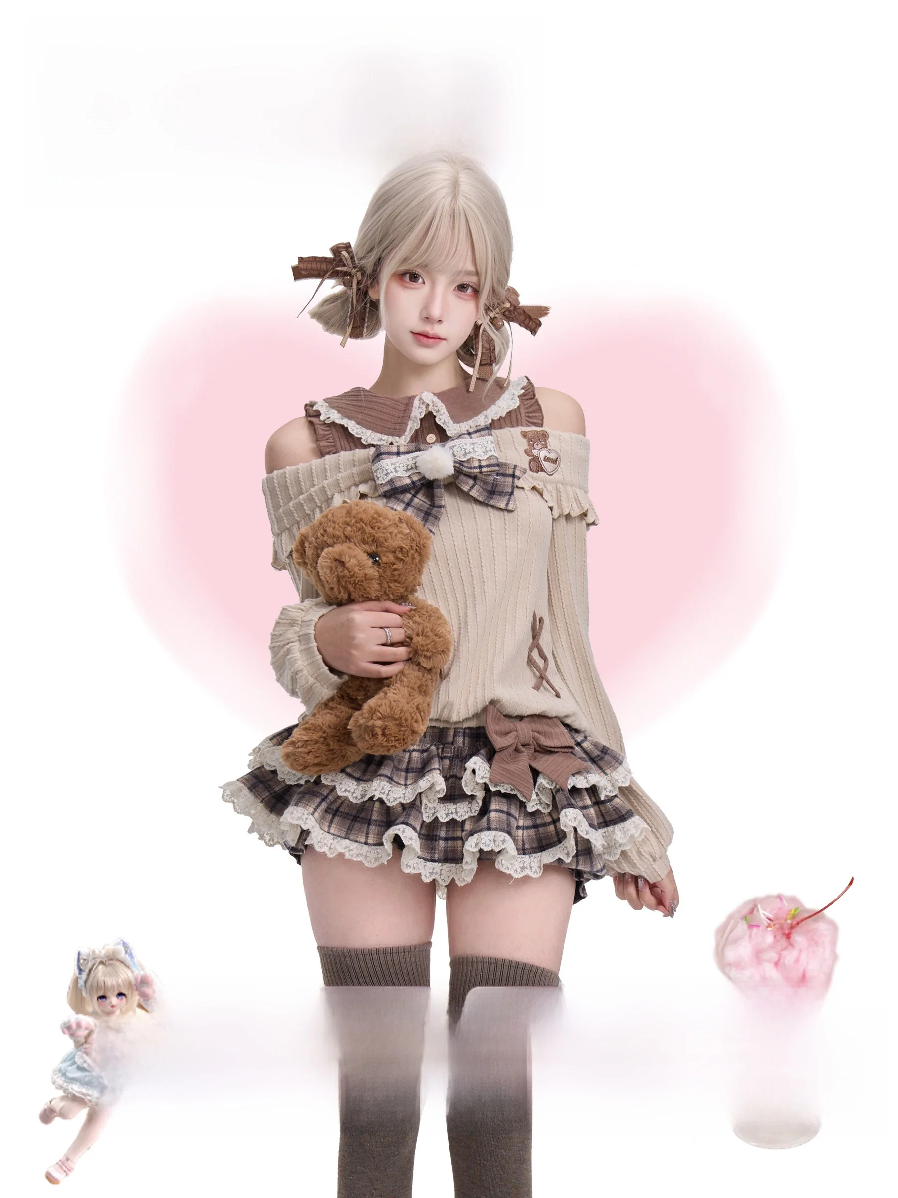 

Комплект для девочек: вязаный топ светло-коричневого цвета с бантом и юбка-тортик, стандартный крой, длинный рукав, зимний наряд