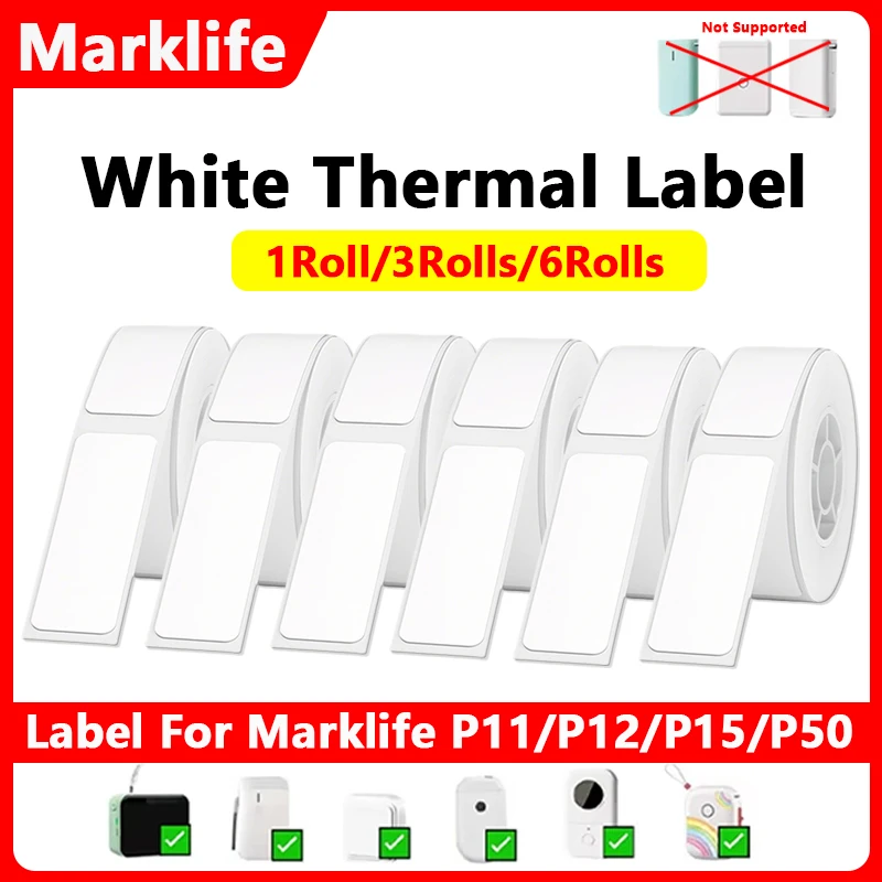 Marklife White Thermal Label 1/3/6Rolls Adhesive Sticker Paper Compatible With P15 P12 P11 D30 Q30 Mini Portable Thermal Printer