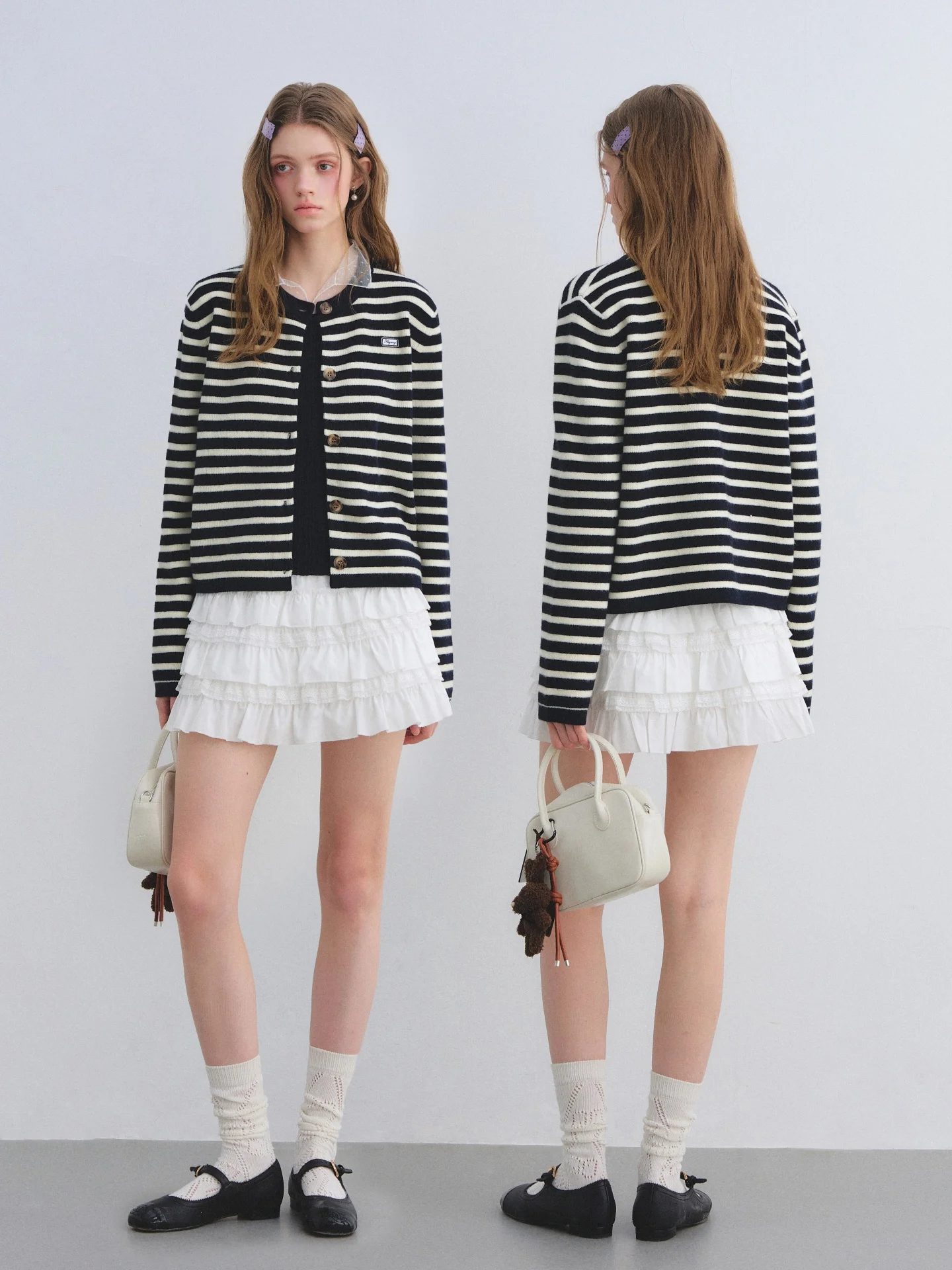 AsGony Classic Retro Striped Color Block round Neck Knitted Open Cardigan Long Sleeve Women's Soft Medium Weight Breathable