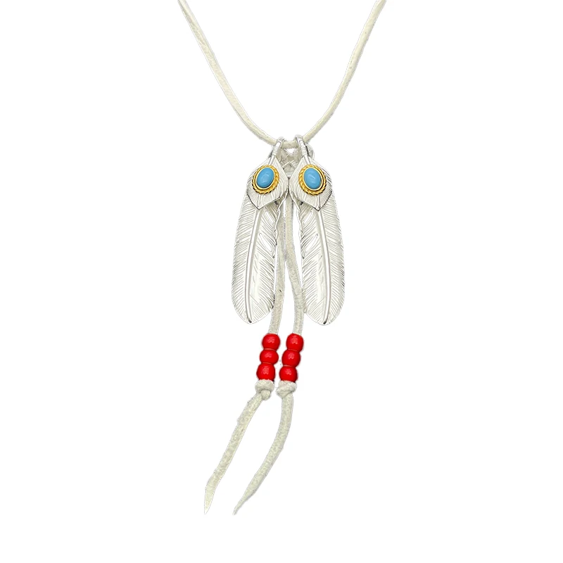 Double Turquoise Feather Deerskin Necklace Handmade Tassel Glass Beads Silver Plated Tribal Boho Goros Statement Jewelry