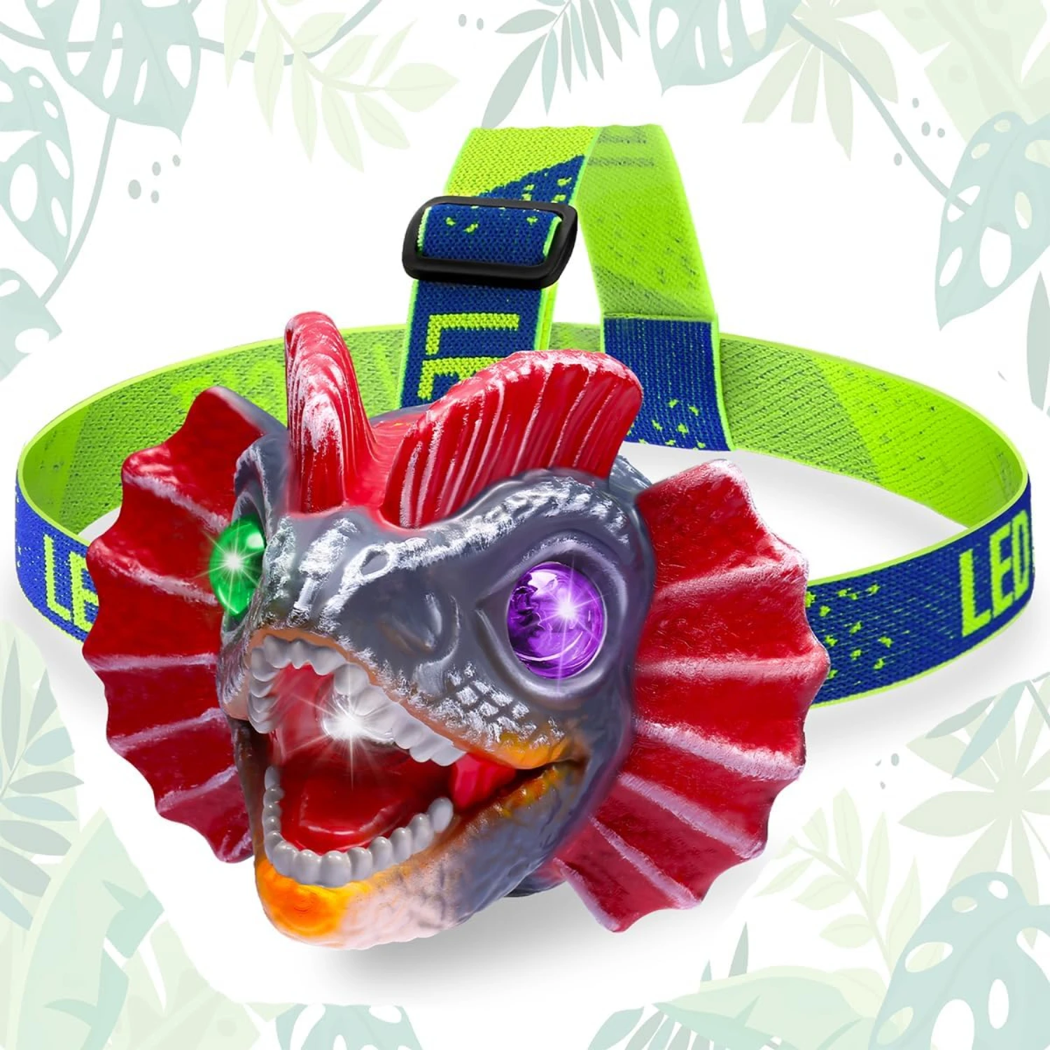 Exciting and vibrant portable LED headlamp featuring a colorful T-Rex dinosaur design, perfect for kids - Fun and bright flashli