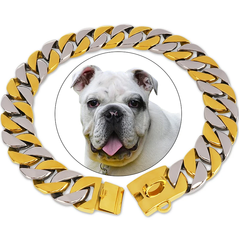 

32mm Strong Stainless Steel Gold and Silver Collar Dog Traction Rope Titanium Steel Necklace Luxury Collar for Training Pets