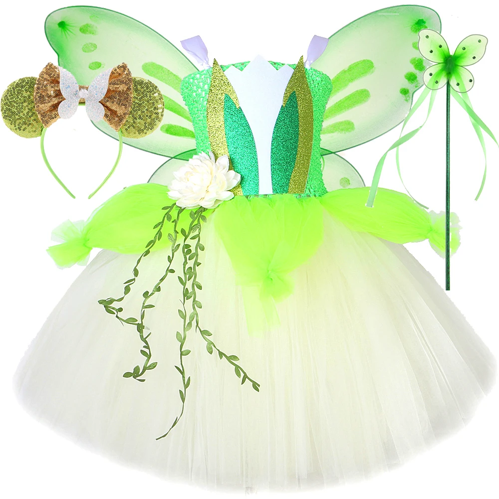 3 Layers Frog Princess Tiana Costumes for Girls Lotus Flower Fairy Tutu Dress with Wings Kids Christmas Halloween Fancy Outfits