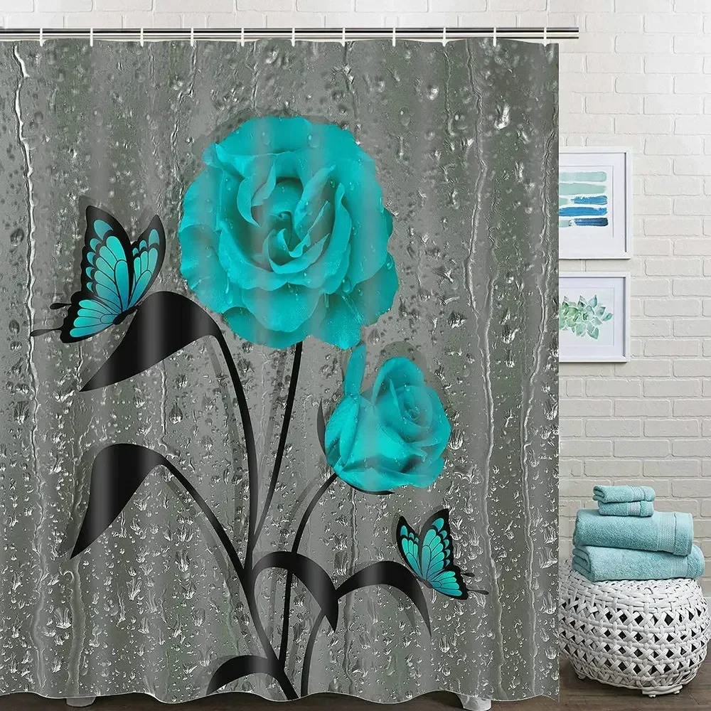 Rose Flower Shower Curtain Butterfly Floral Plant Leaf Turquoise Raindrops Abstract Bathroom Decor With Hook Waterproof Screen