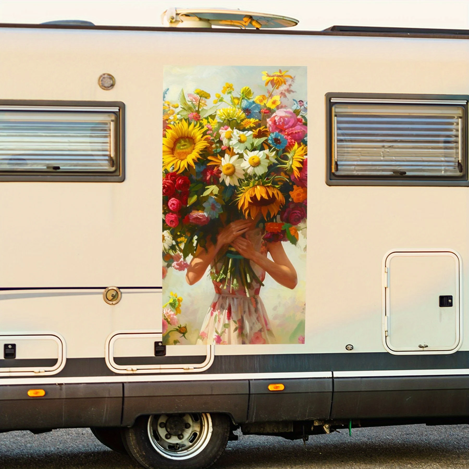 

Girl With Giant Colorful Flower Bouquet Art Car Sticker,Vinyl decal on the side of the motor home, waterproof self-adhesive viny