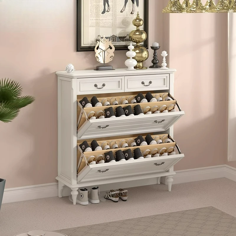 Pure solid wood 70-80-90 cm cream style American small apartment into the short door ultra-thin tipping bucket shoe cabinet