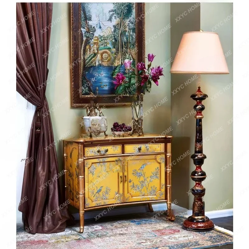 Entrance cabinet yellow art hand-painted retro single bamboo flower and bird entrance platform