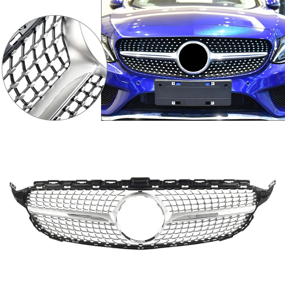 Silver Car Front Bumper Hood Radiator Diamond Grille For Mercedes Benz C Class W205 C200 C300 C350 C43 2015 2016 2017 2018