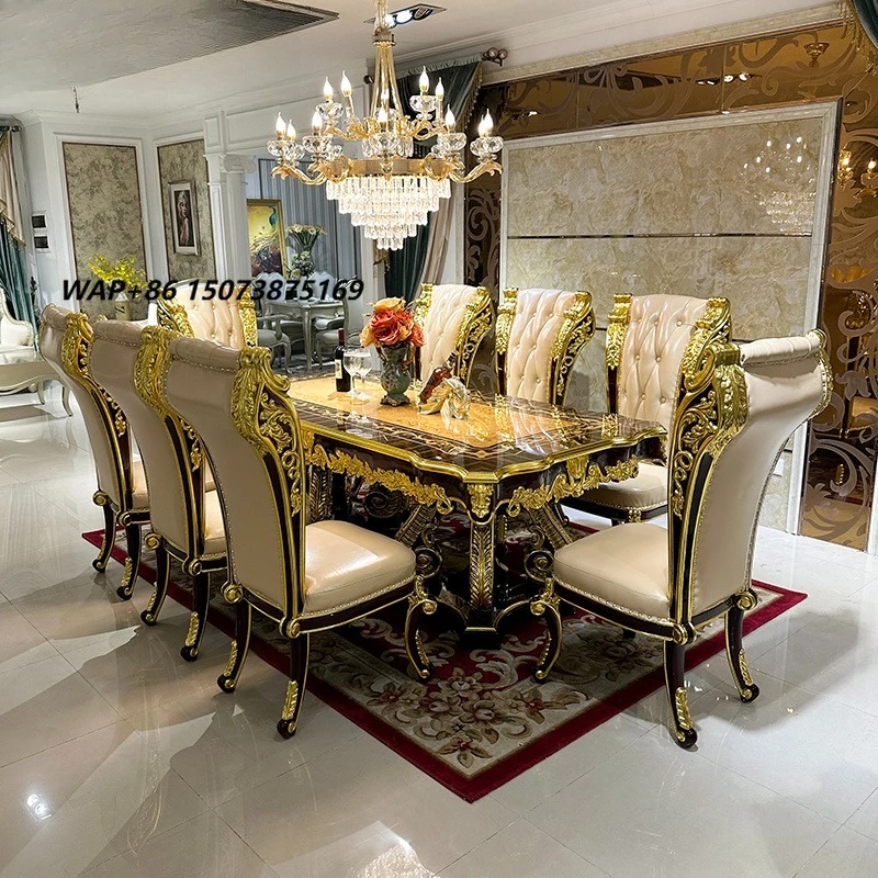 French long dining table and chairs set, European solid wood rectangular dining table, 6-person dining room furniture